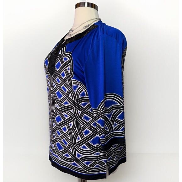 JM Collection XL Tunic Top Blue Black White Geometric Long Sleeve Sequined - Picture 2 of 8